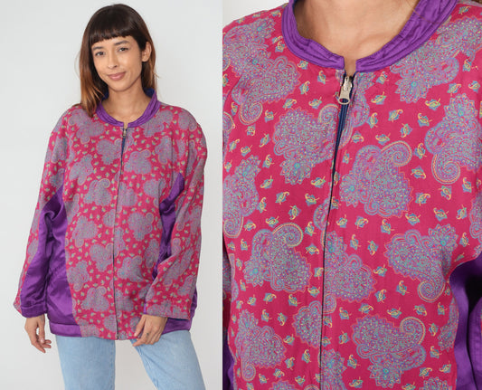 90s Paisley Silk Jacket Pink Purple Color Block Bomber Large L