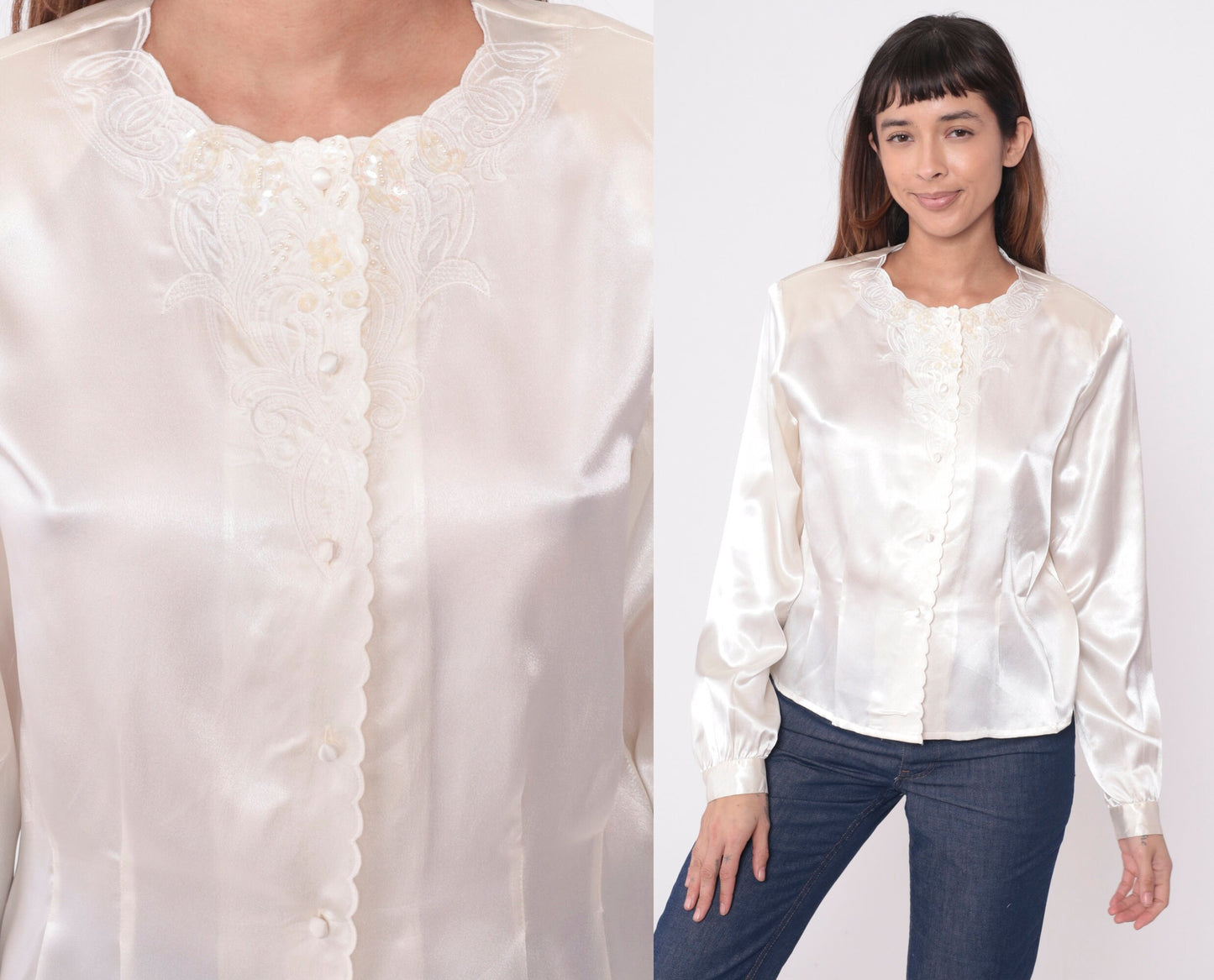80s White Satin Blouse Embroidered Floral Beaded Sequin Long Sleeve Medium