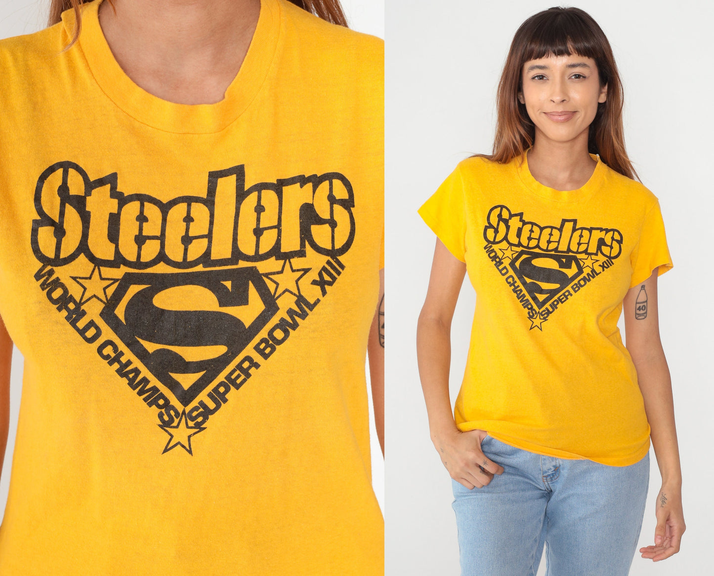 1980s Pittsburgh Steelers Super Bowl XIII Champions Graphic Tee Yellow Medium