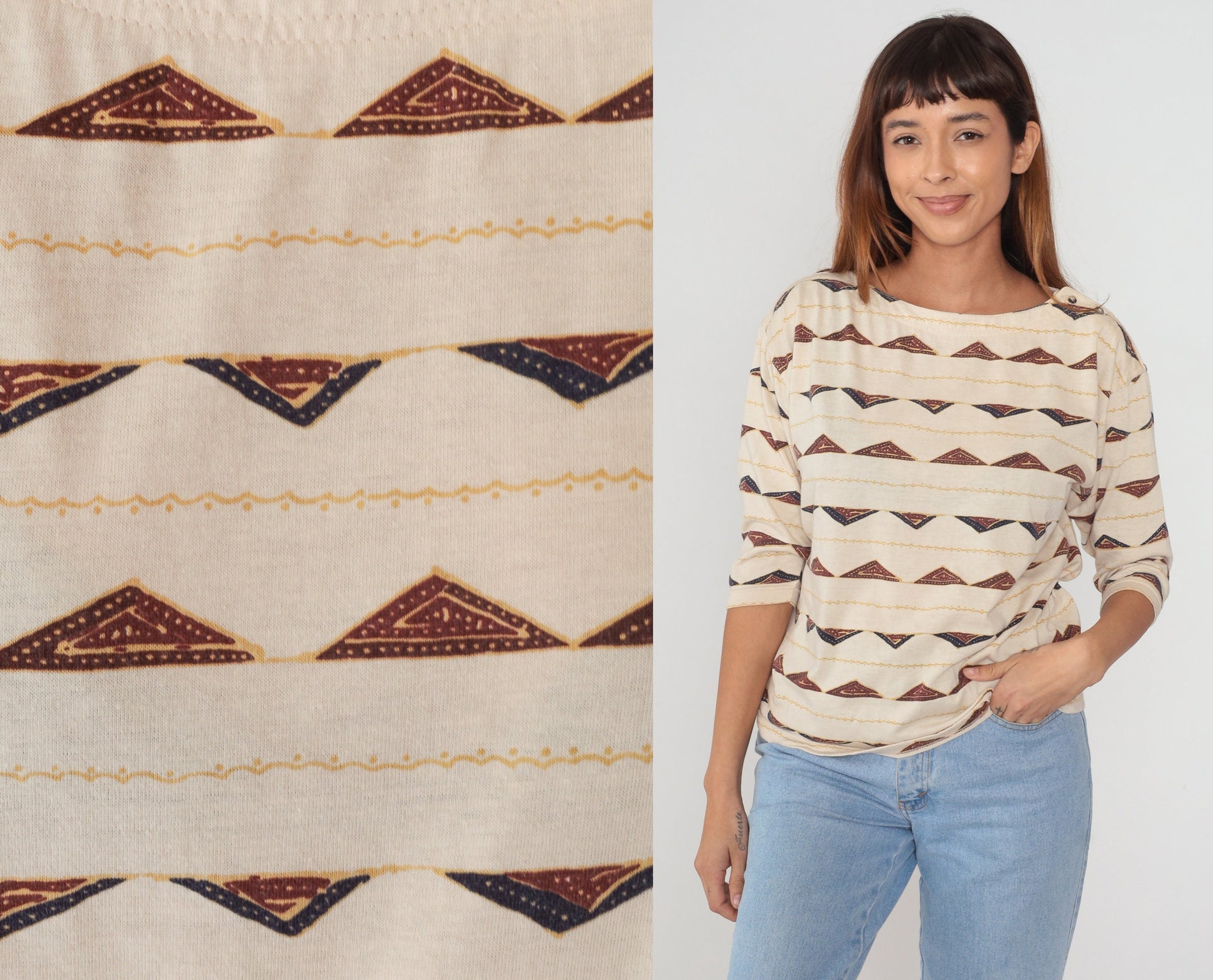 90s Outback Red Triangle Print Button Shoulder Blouse Beige Small