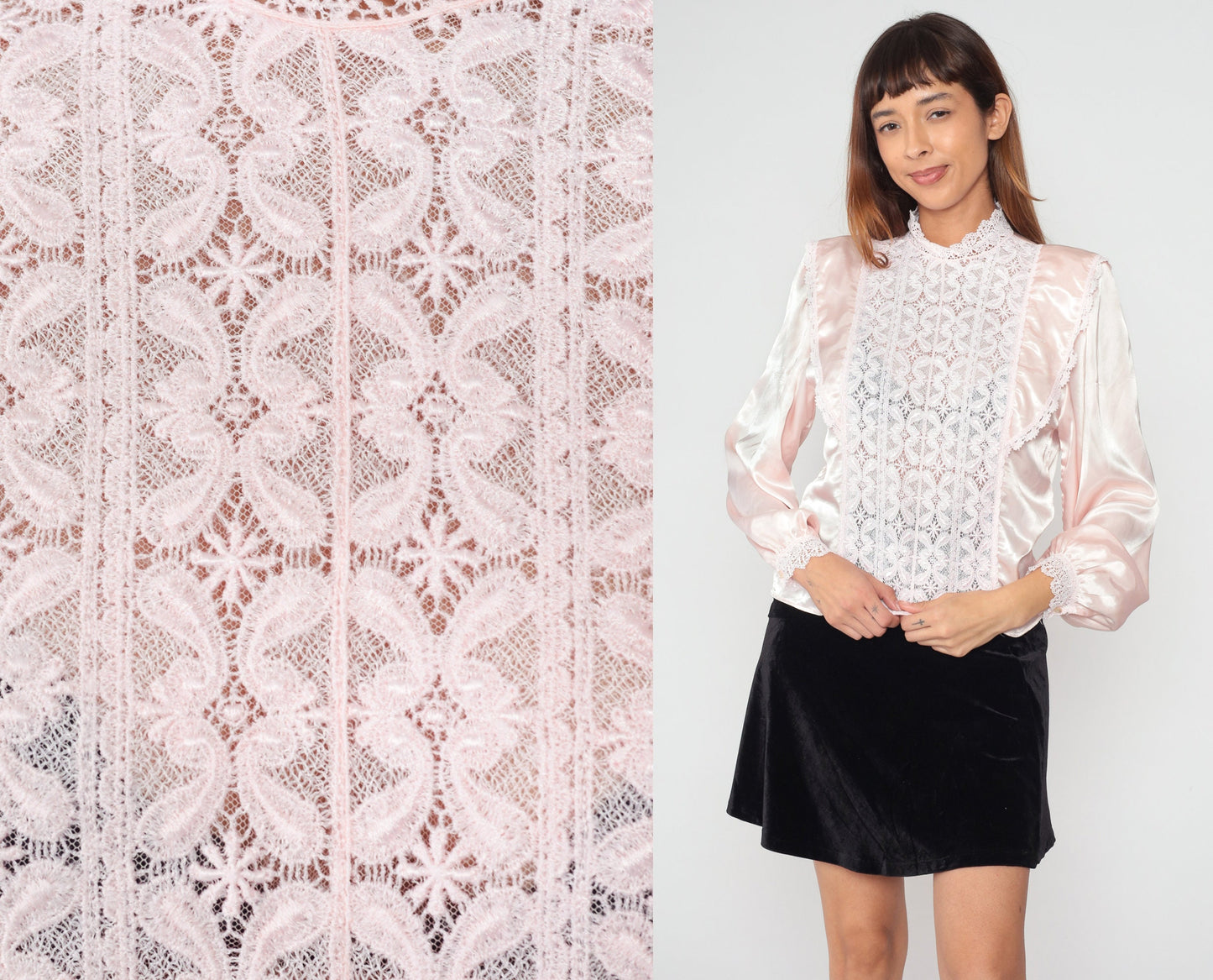 80s Baby Pink Lace Blouse Mock Neck Ruffled Long Sleeve Satin Shirt Medium