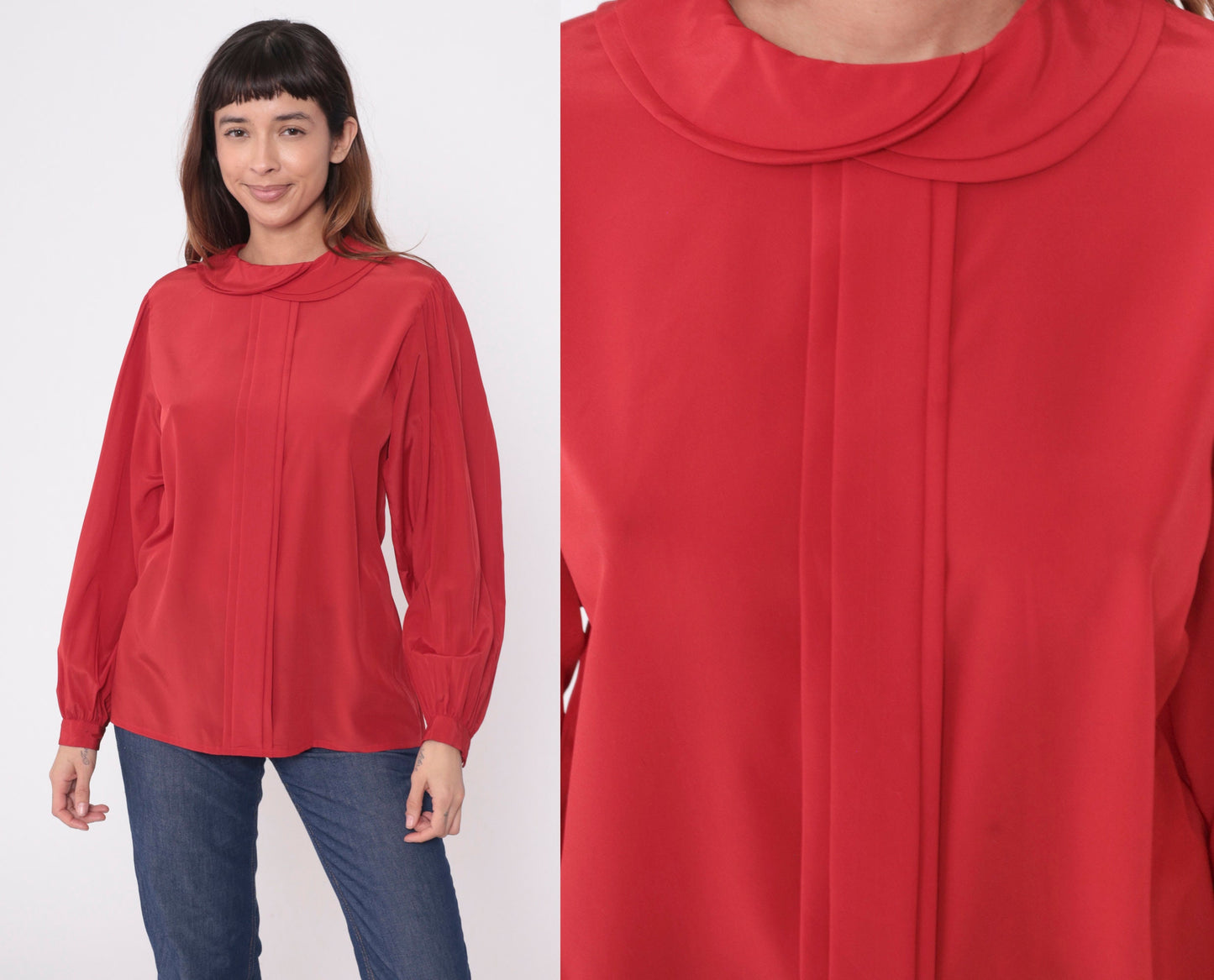 80s Red Puff Sleeve Blouse Peter Pan Collar Pleated Button Up Medium