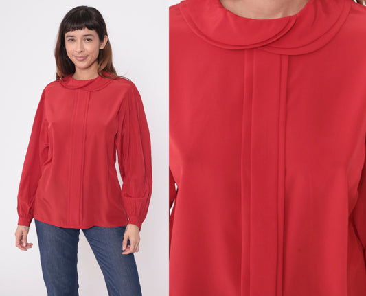 80s Red Puff Sleeve Blouse Peter Pan Collar Pleated Button Up Medium