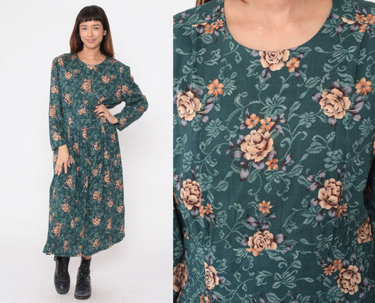 90s Karin Stevens Floral Midi Dress Green Orange Long Sleeve Drop Waist Extra Large