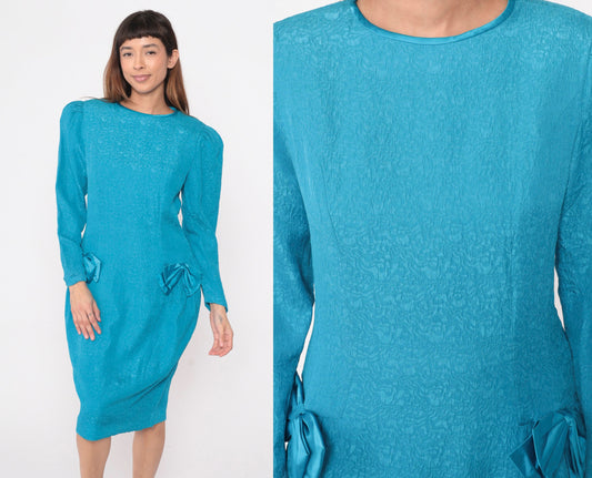 80s Richard Warren Turquoise Silk Midi Dress Puff Sleeve Bow Medium