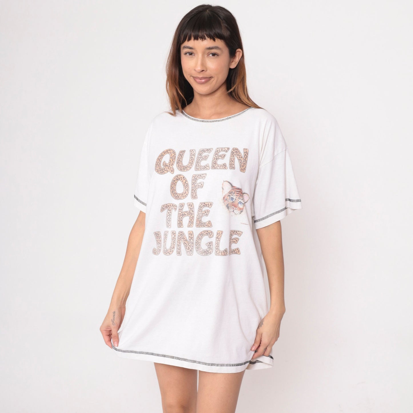 90s Tiger Print T-Shirt Dress Queen of the Jungle Graphic Mini Nightie White Small