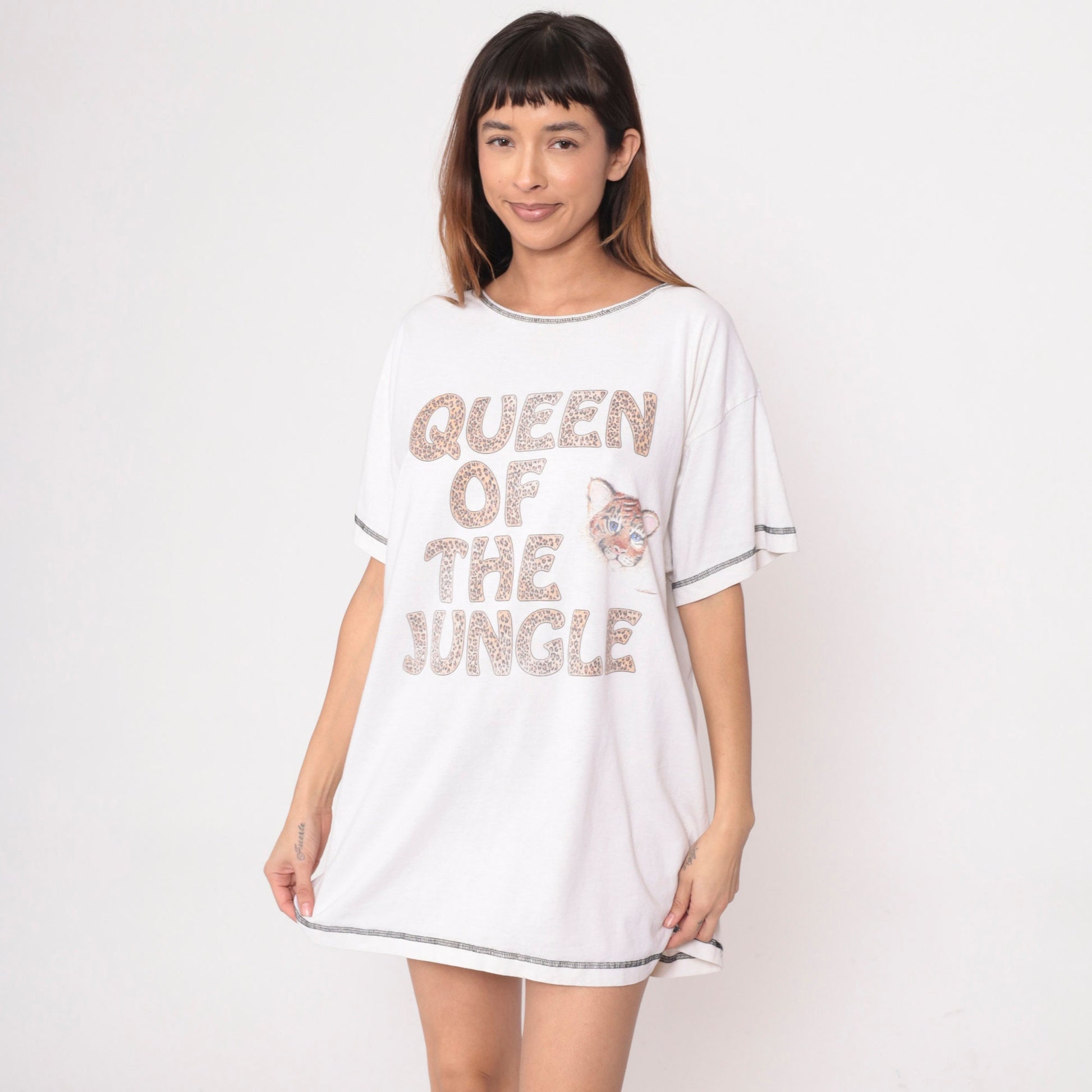 90s Tiger Print T-Shirt Dress Queen of the Jungle Graphic Mini Nightie White Small