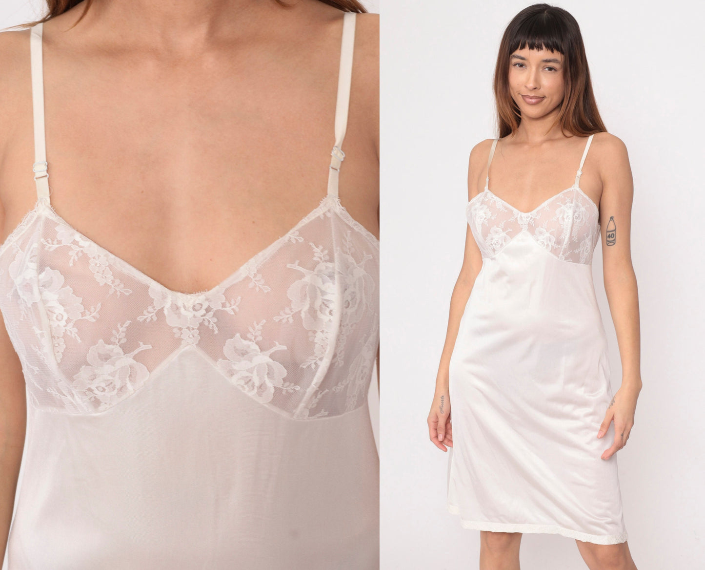 70s White Lace Slip Dress Empire Waist Adjustable Straps Knee Length Medium