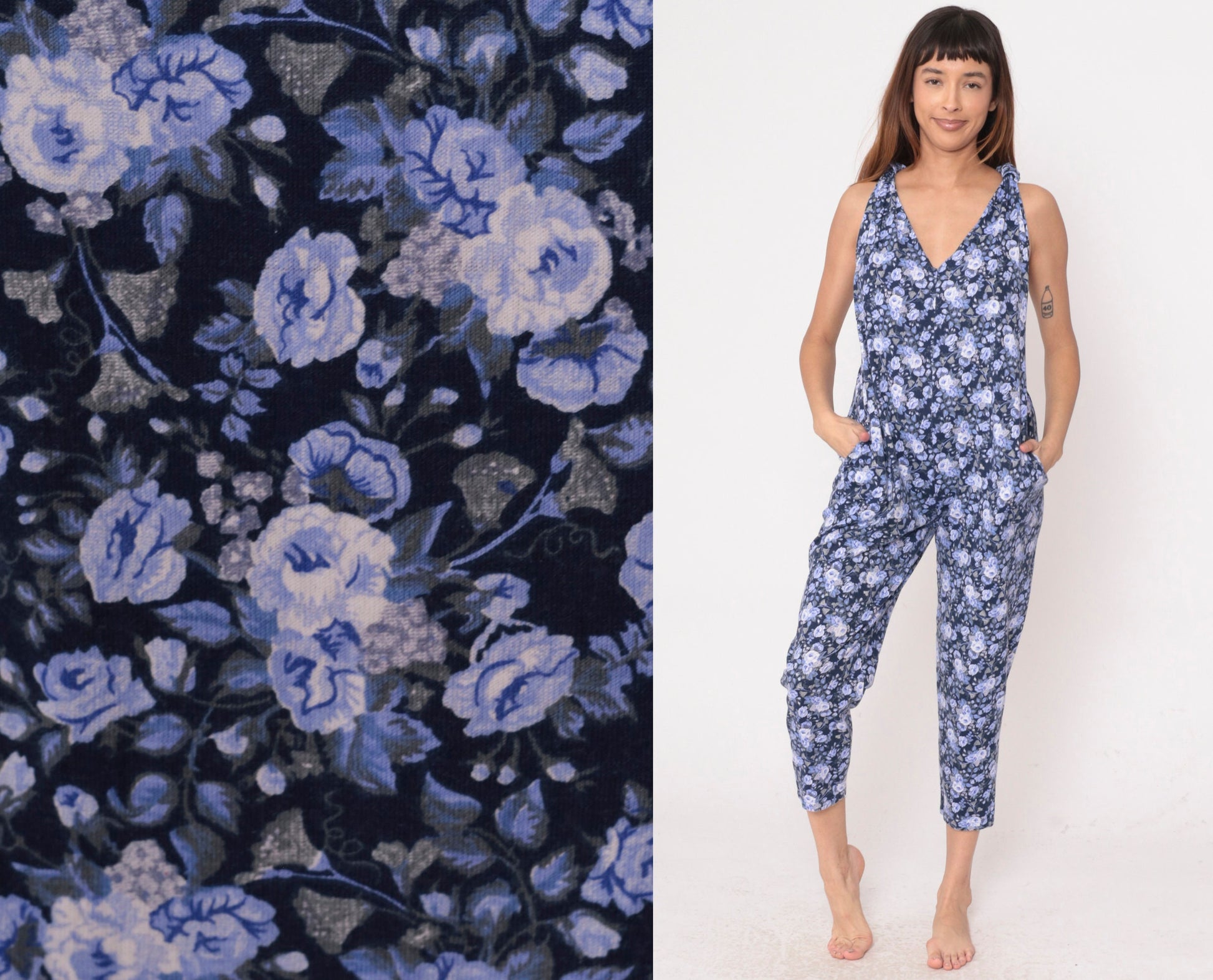 90s Periwinkle Floral Jumpsuit Y-Back Tapered Capri V-Neck Sleeveless Small Medium
