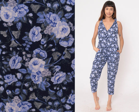 90s Periwinkle Floral Jumpsuit Y-Back Tapered Capri V-Neck Sleeveless Small Medium