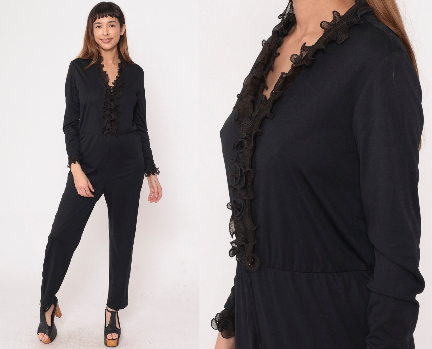 70s Black Tuxedo Jumpsuit Ruffled Front Long Sleeve High Waist Medium