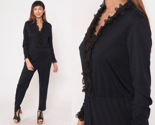 70s Black Tuxedo Jumpsuit Ruffled Front Long Sleeve High Waist Medium