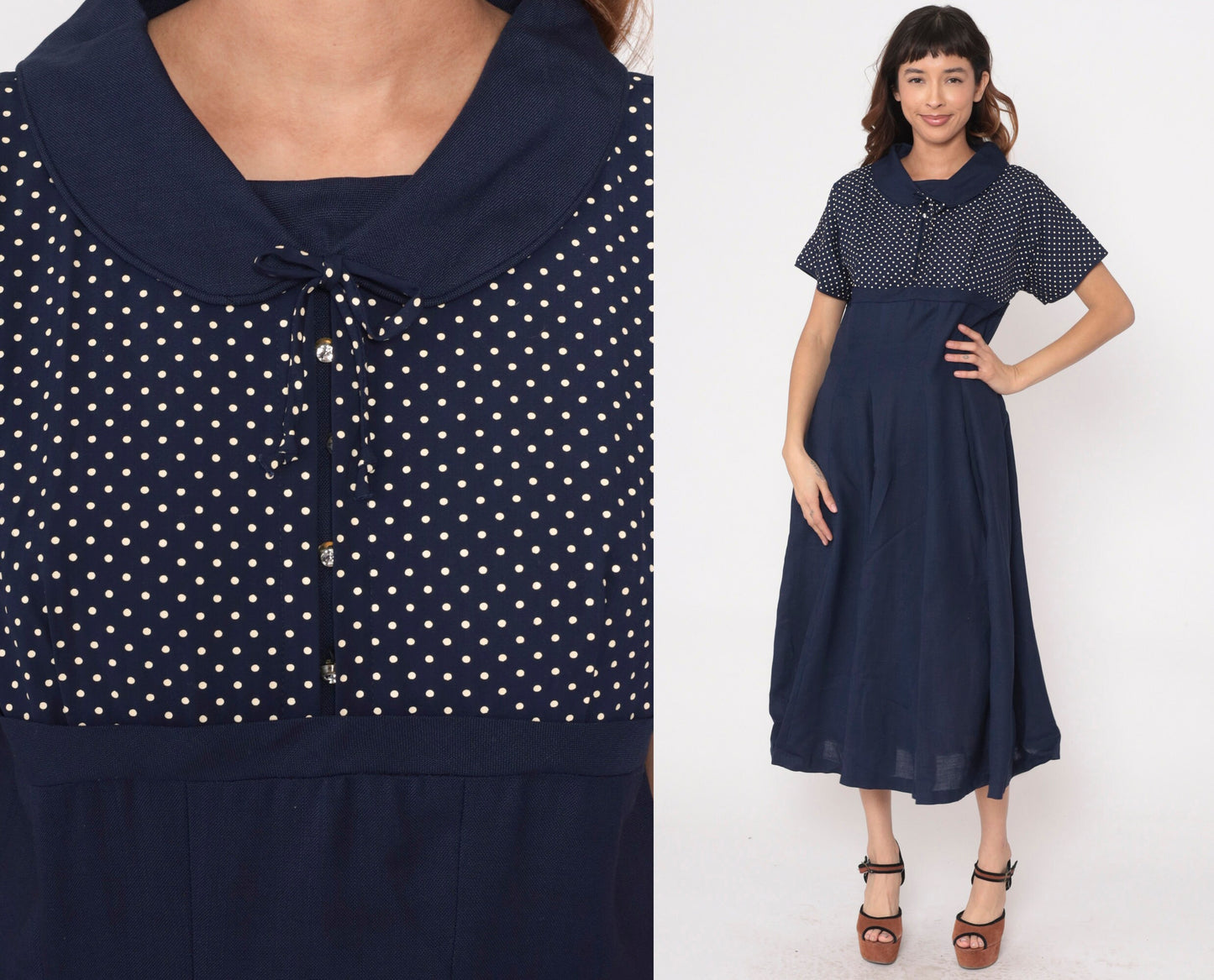 1960s Navy Polka Dot Rhinestone Bow Cocktail Dress Empire Waist Large L