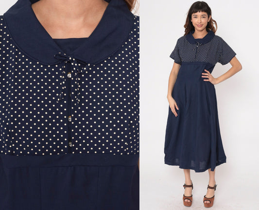 1960s Navy Polka Dot Rhinestone Bow Cocktail Dress Empire Waist Large L