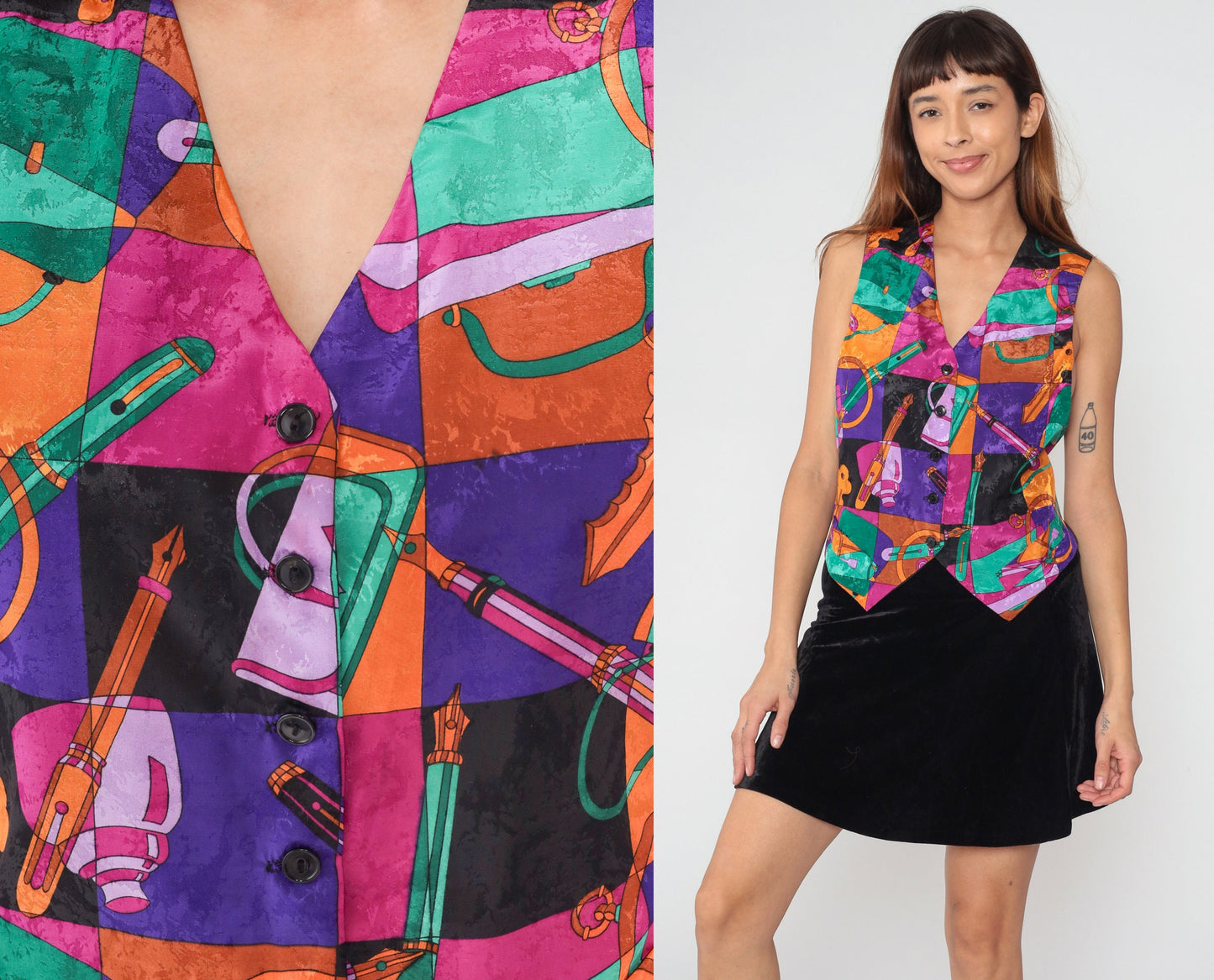 90s Writer Vest Pen Ink Key Print Button Up Sleeveless Top Medium