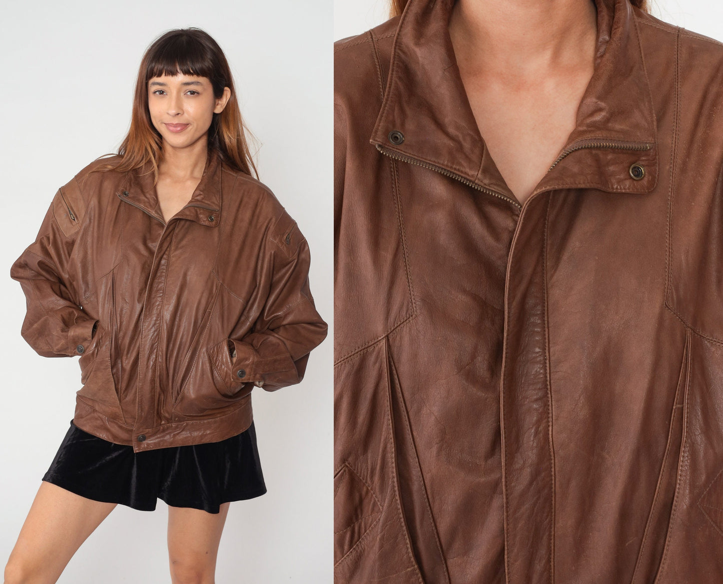 90s Brown Leather Bomber Jacket Zip Biker Moto Cafe Racer Large L