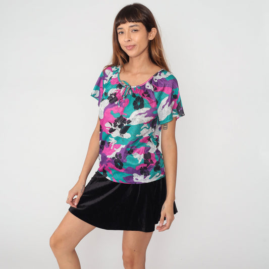 80s Tropical Floral Keyhole Tie Neck Blouse Abstract Print Short Sleeve Small Medium