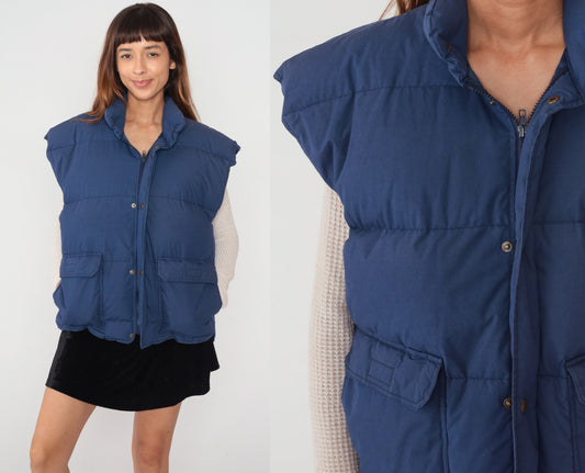 90s Navy Blue Down Puffer Vest Sleeveless Zip Snap Jacket Large L