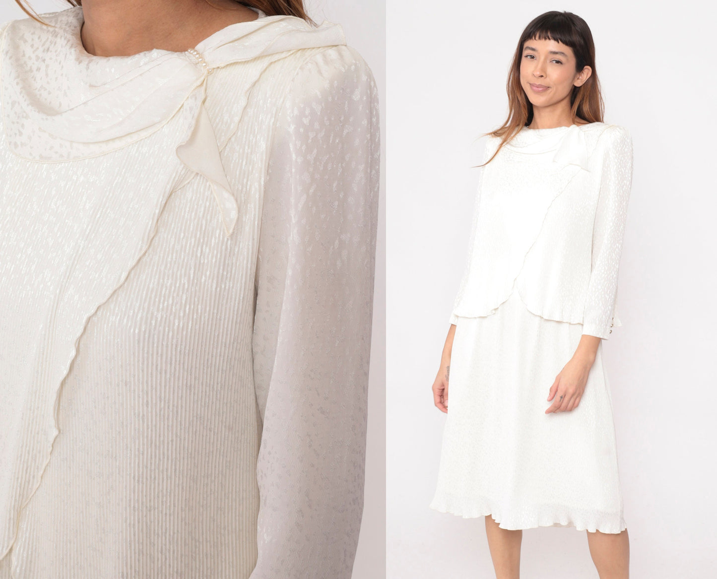 80s White Snakeskin Embossed Midi Dress Puff Sleeve Pearl Beaded Small