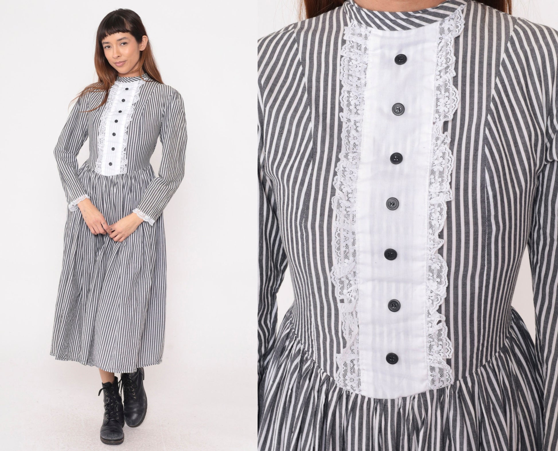 80s Grey White Striped Midi Dress Tuxedo Lace Bib Puff Sleeve Small
