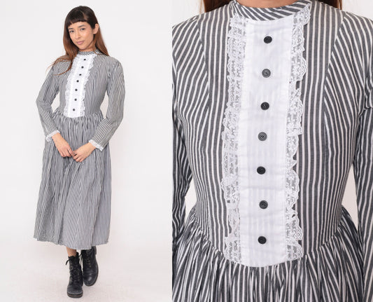 80s Grey White Striped Midi Dress Tuxedo Lace Bib Puff Sleeve Small