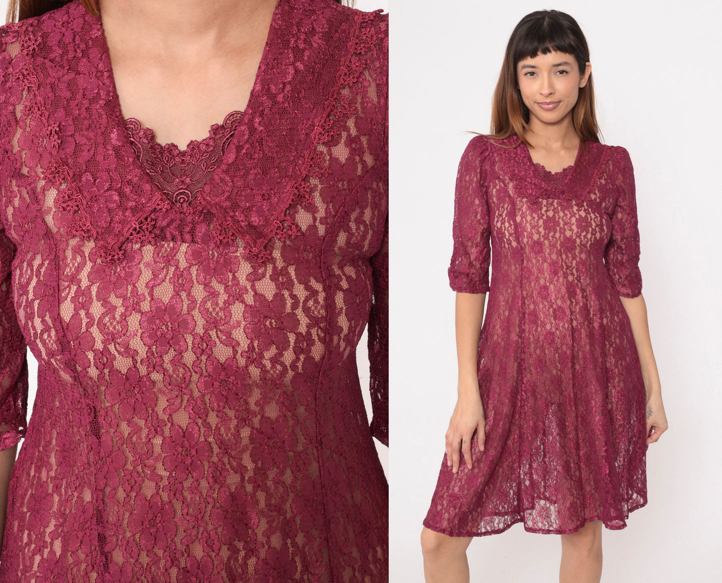 90s Raspberry Lace Dress Chelsea Collar Puff Sleeve Knee Length Extra Small