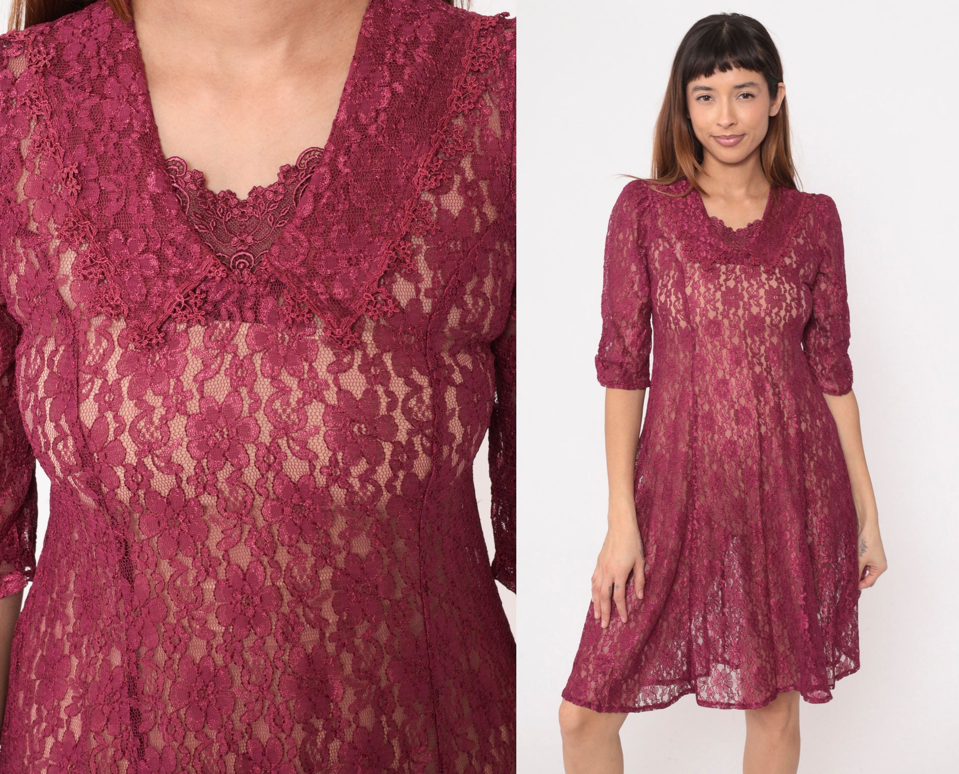 90s Raspberry Lace Dress Chelsea Collar Puff Sleeve Knee Length Extra Small