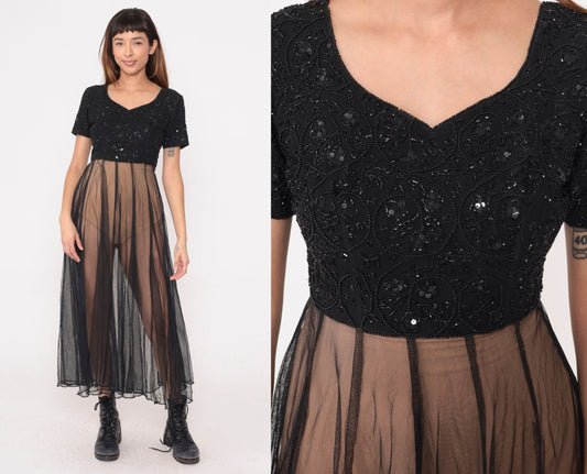 80s Black Beaded Chiffon Midi Dress Sequined Party Gown Short Sleeve Small
