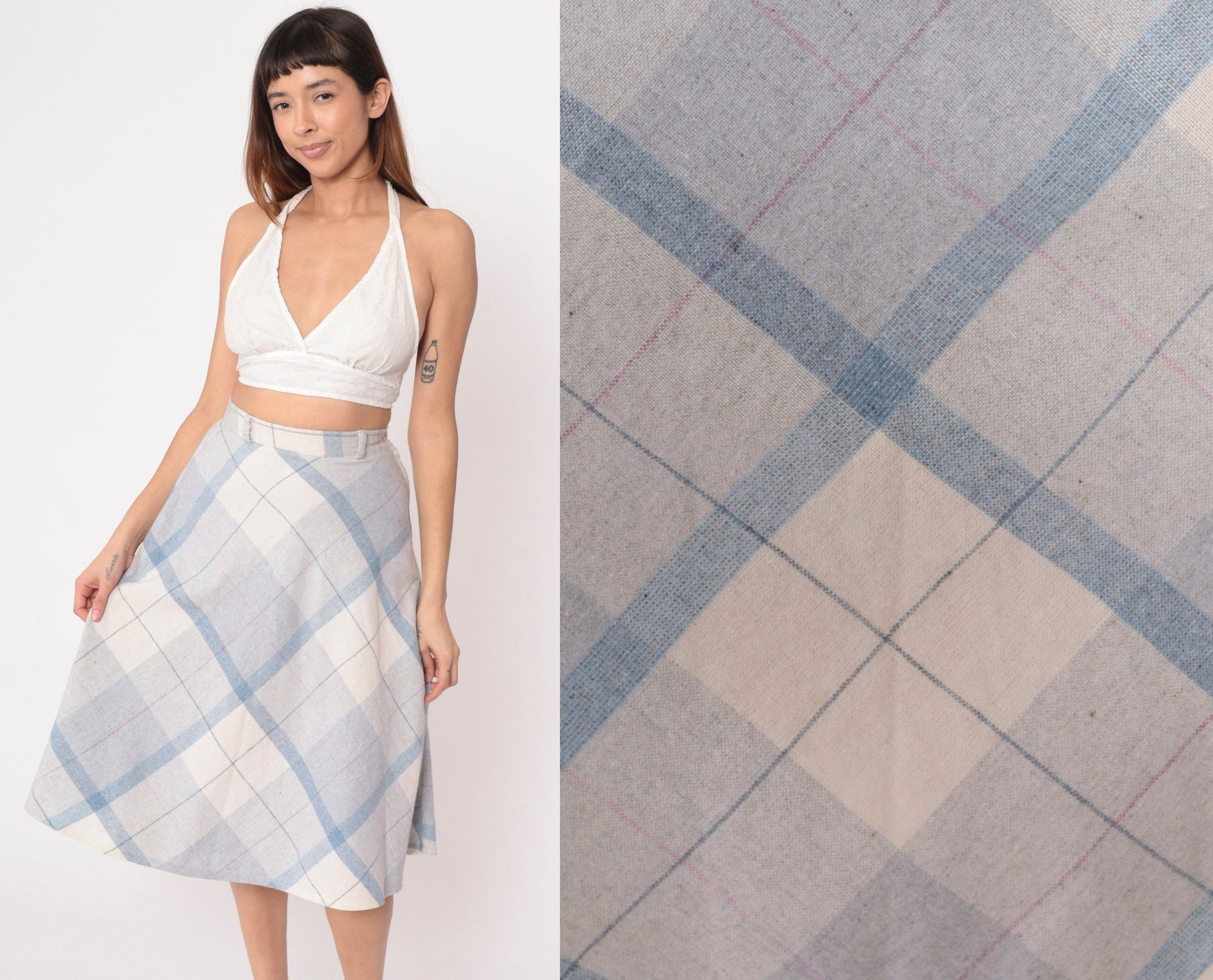 70s Plaid Midi Skirt High Waisted Blue White Wool Blend Extra Small