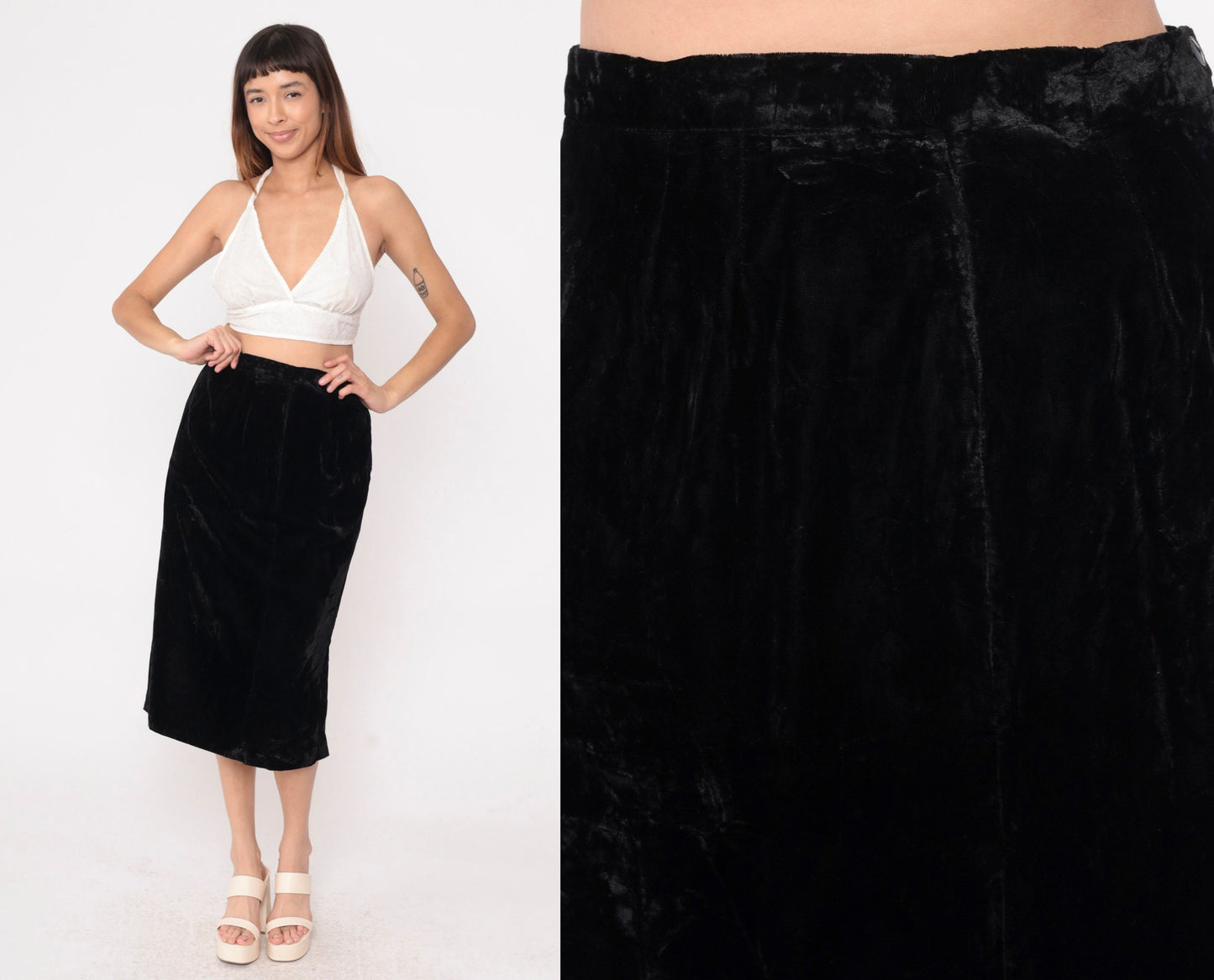 90s Black Velvet Midi Pencil Skirt High Waist Side Slit Small