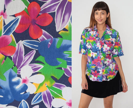 90s Liz Sport Tropical Floral Button-Up Shirt Plumeria Print Cotton Small