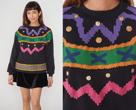 90s California Trends Black Sweatshirt Gold Coin Embellished Abstract Squiggle Small