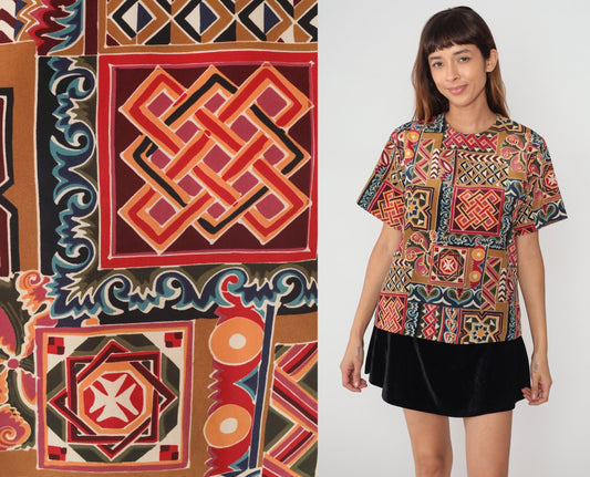 90s Geometric Abstract Print T-Shirt Heart Diamond Pattern Large