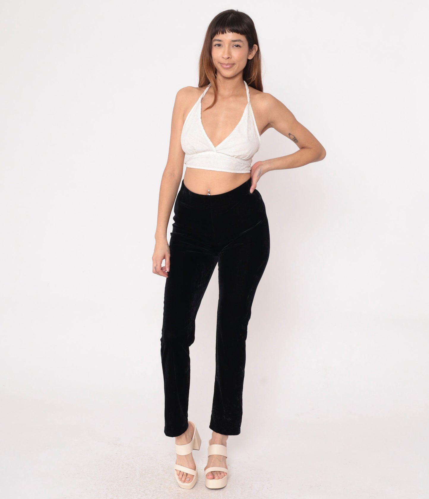 90s Black Velvet Bootcut Pants High Waist Stretch Velour Small