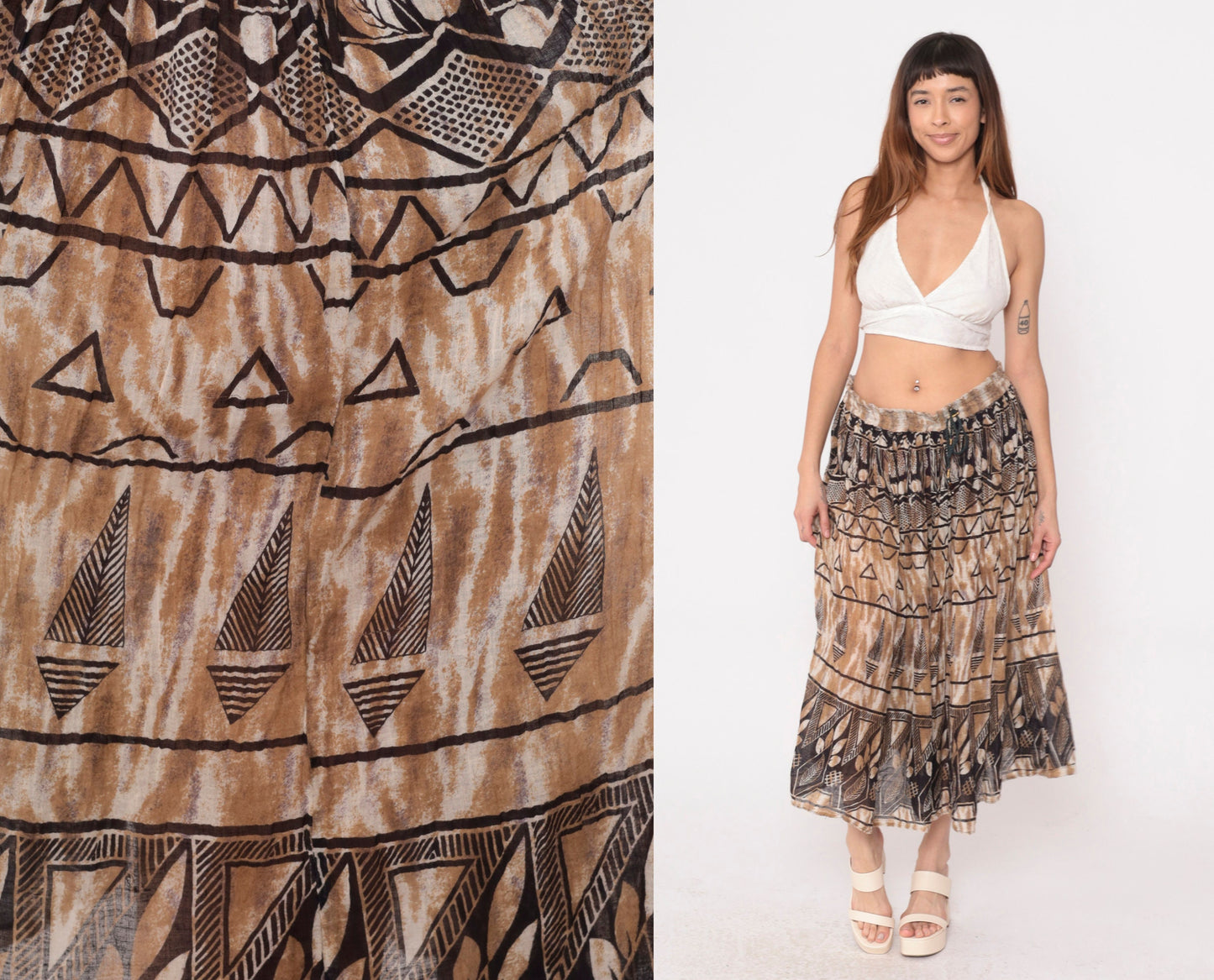 90s Geometric Leaf Print Broomstick Skirt Brown Midi Cotton Medium