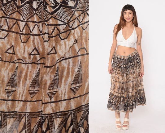 90s Geometric Leaf Print Broomstick Skirt Brown Midi Cotton Medium