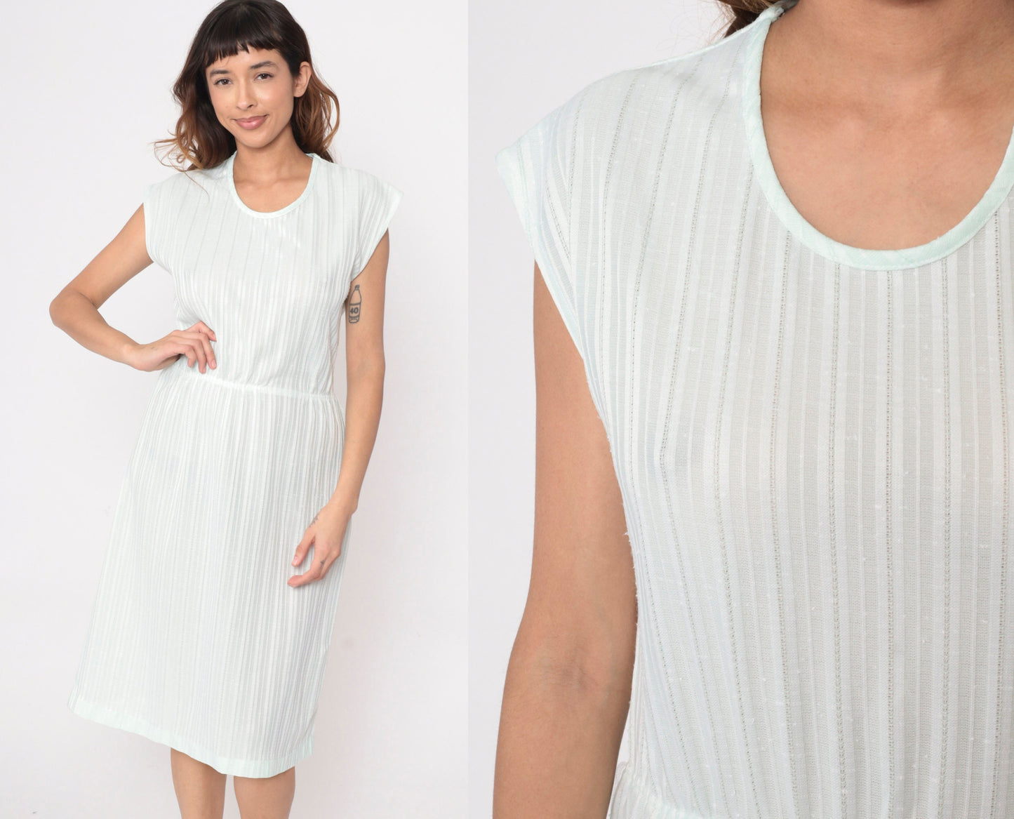 70s Pale Green Striped Midi Dress Cap Sleeve High Waist Small Medium