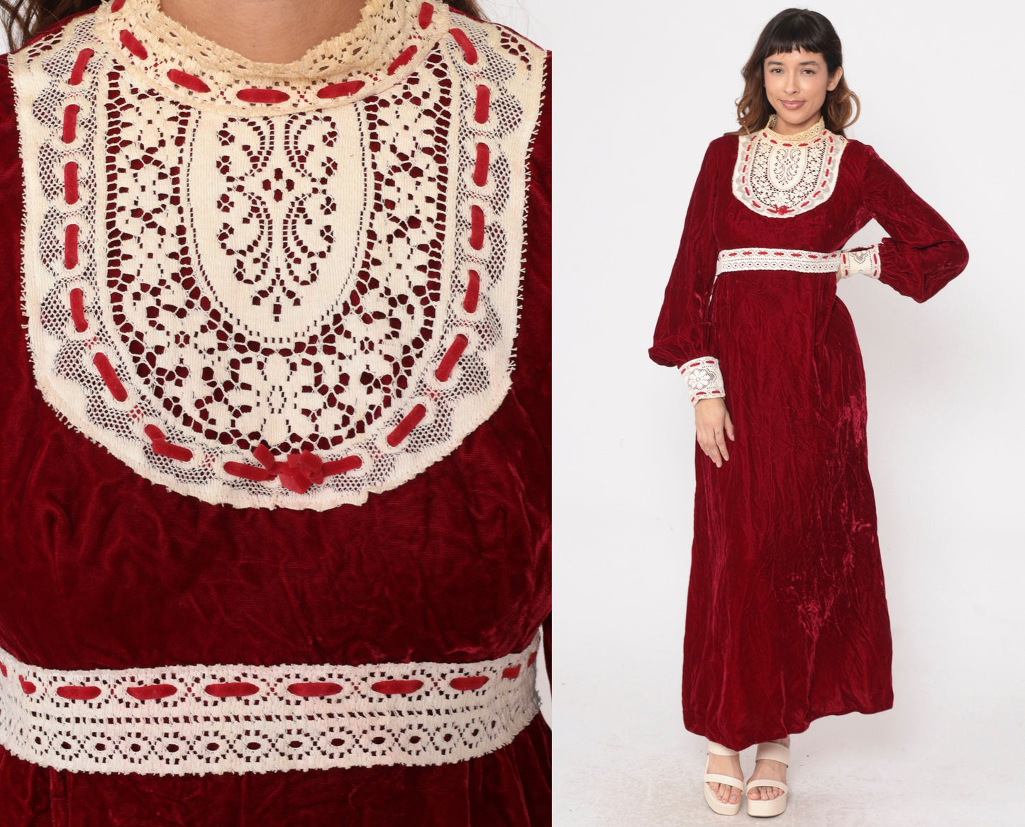 70s Red Velvet Maxi Dress Empire Waist Lace Bib Balloon Sleeve Medium