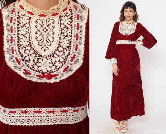 70s Red Velvet Maxi Dress Empire Waist Lace Bib Balloon Sleeve Medium