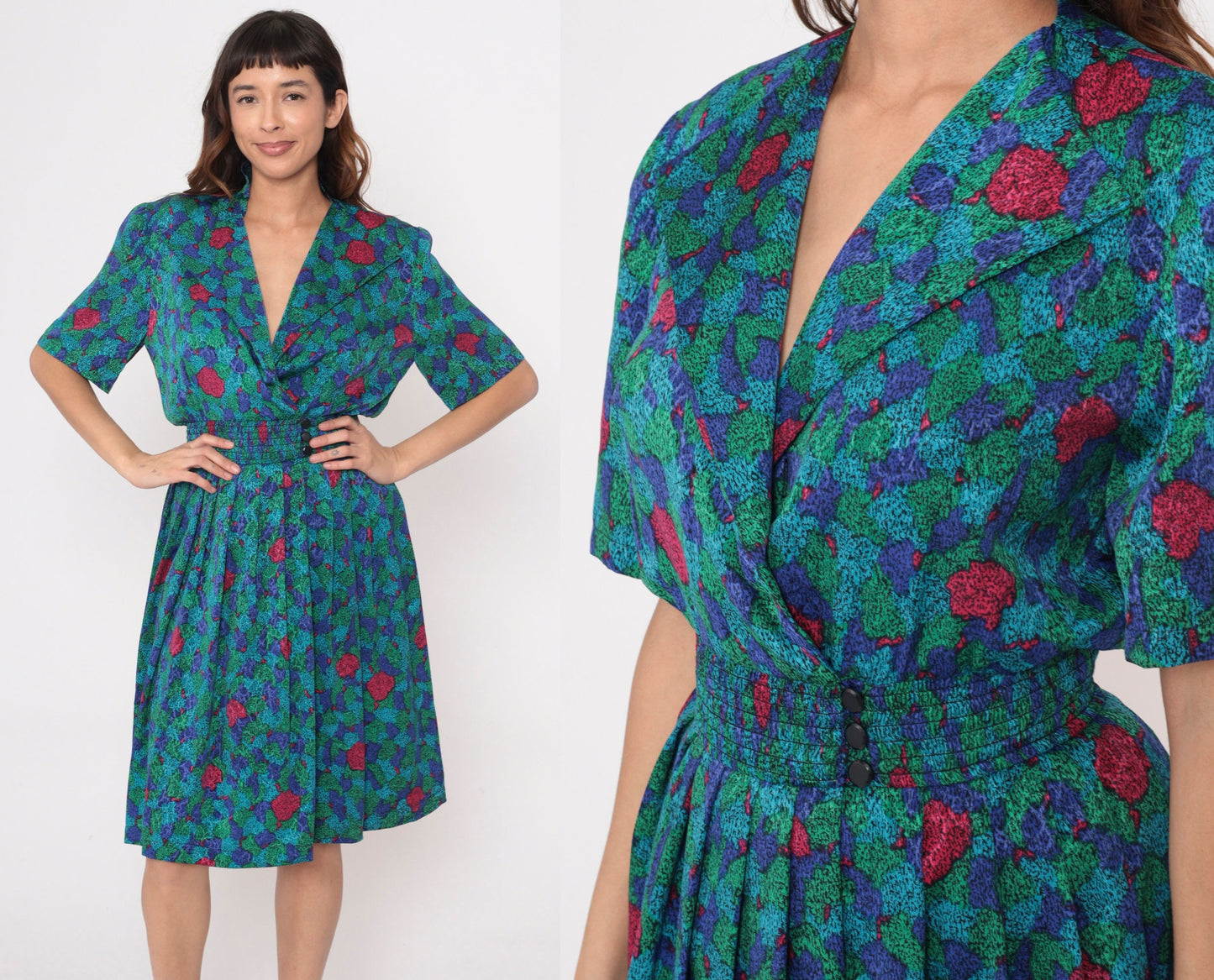 80s Abstract Floral Midi Dress Surplice Neck Pleated Elastic Waist Extra Small