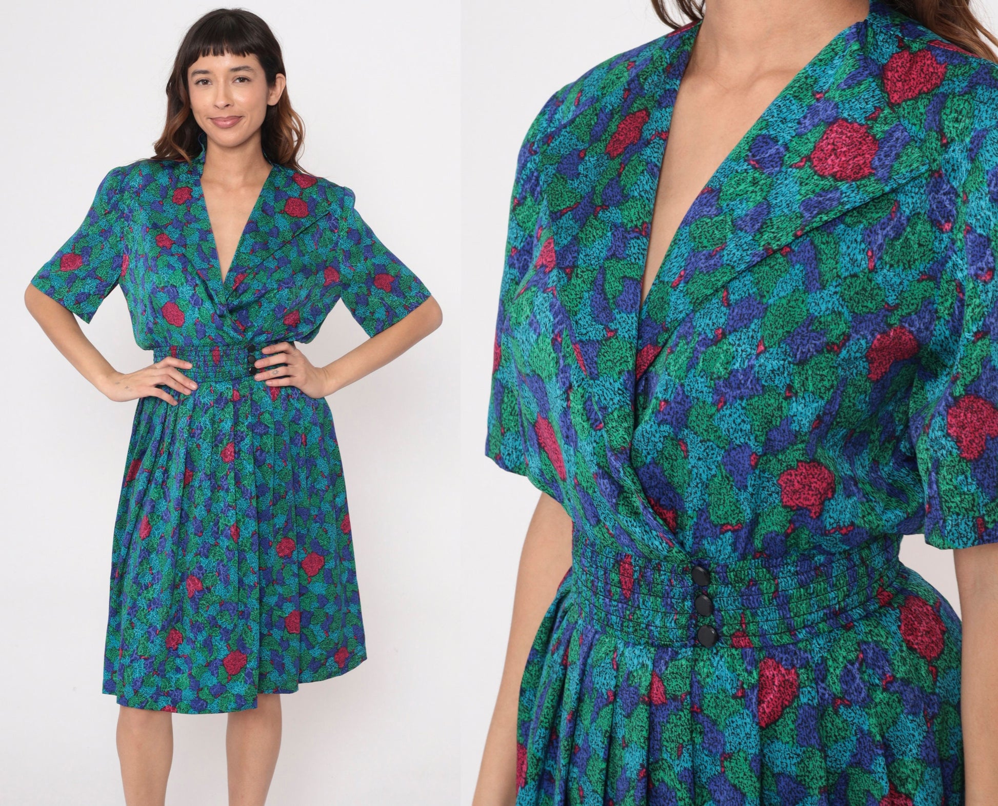 80s Abstract Floral Midi Dress Surplice Neck Pleated Elastic Waist Extra Small