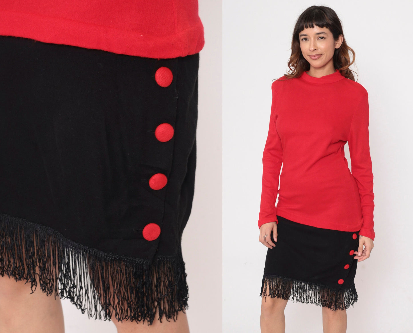 80s Color Block Dress Red Black Fringe Mock Neck Drop Waist Small