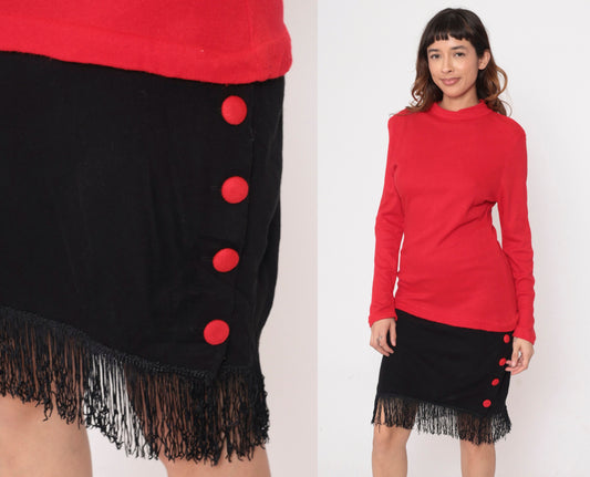80s Color Block Dress Red Black Fringe Mock Neck Drop Waist Small