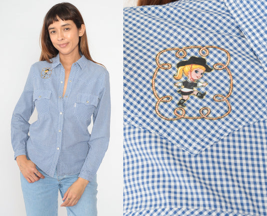 80s Levi's Western Shirt Gingham Pearl Snap Cowgirl Embroidered Extra Small