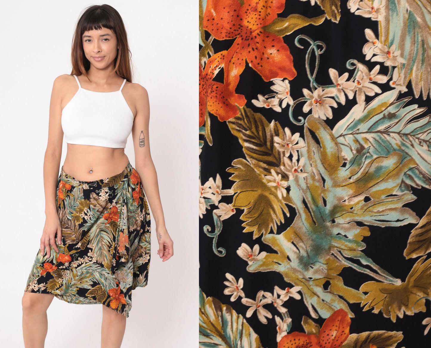 90s Carol Little Tropical Floral Mini Skirt Orange High Waist Faux Wrap Large