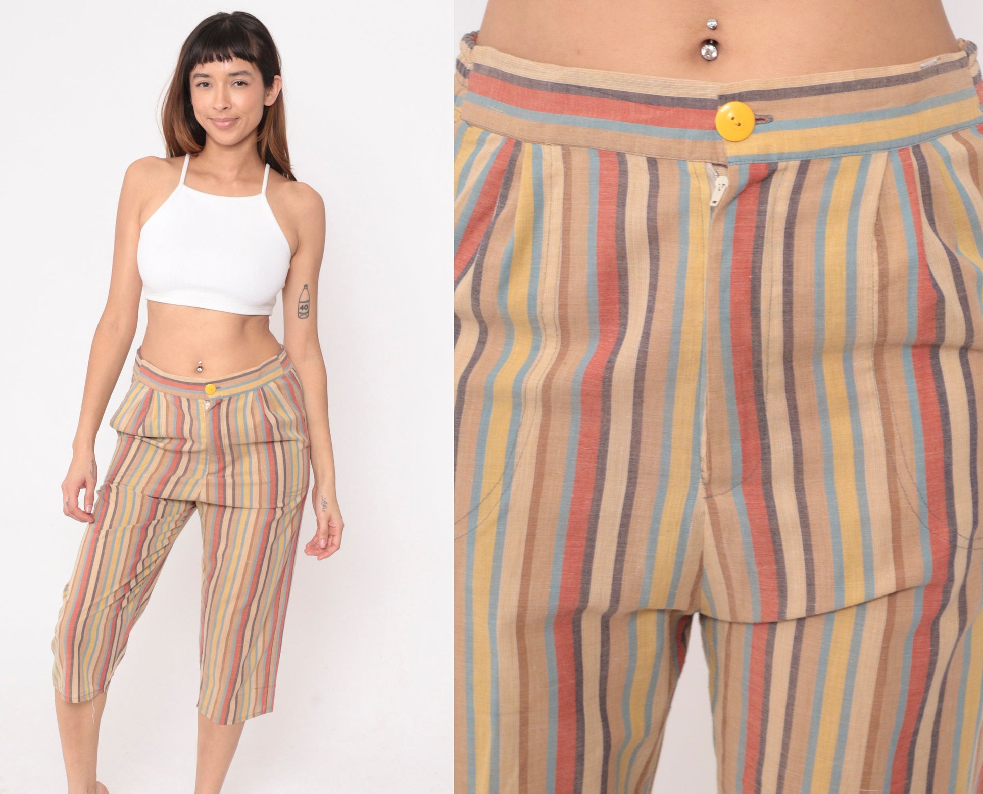 70s Striped High-Waisted Capri Pants Multicolour Cropped Trousers Small