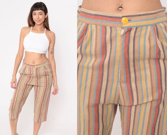 70s Striped High-Waisted Capri Pants Multicolour Cropped Trousers Small