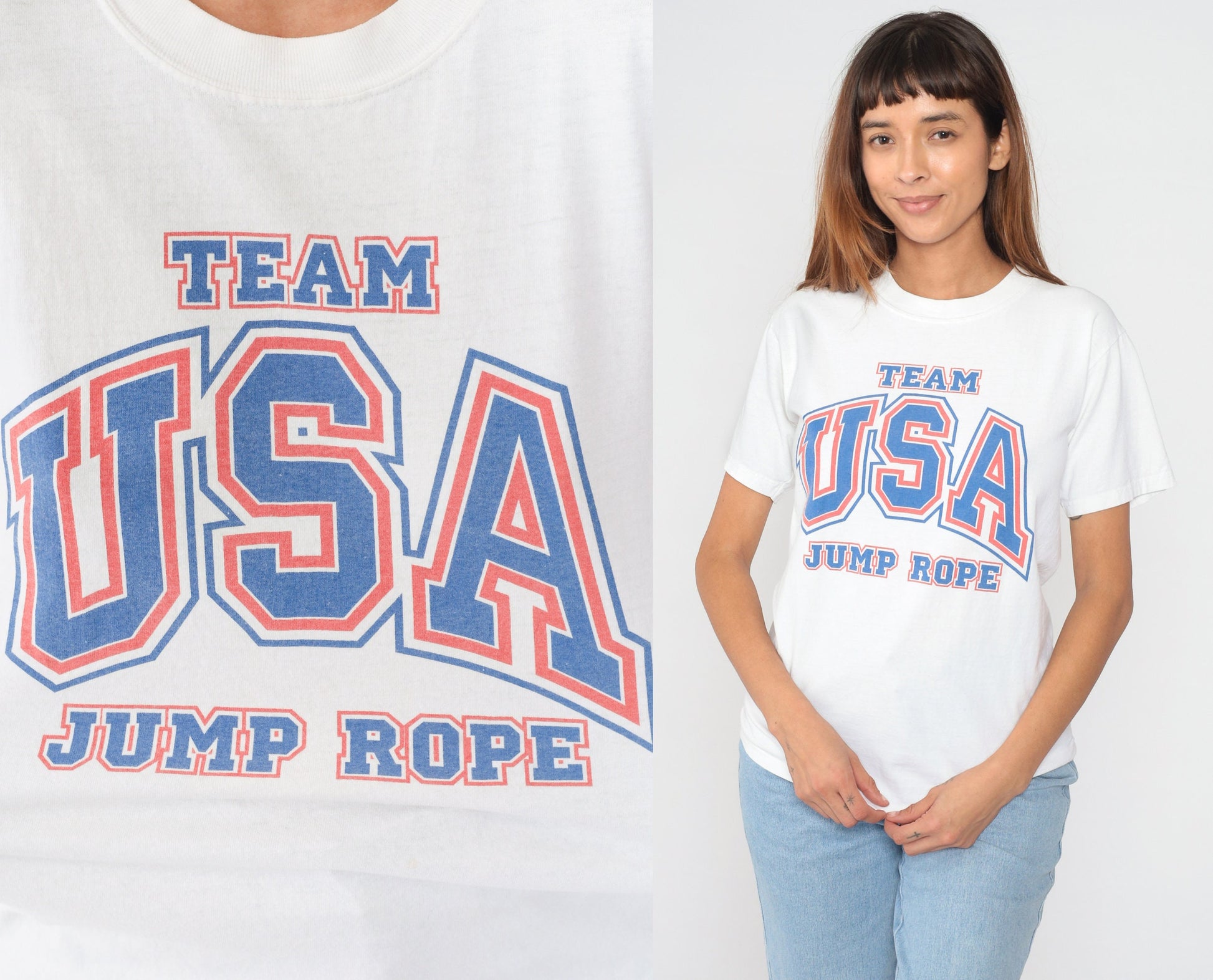 Y2K Team USA Jump Rope Graphic T-Shirt White Cotton Small