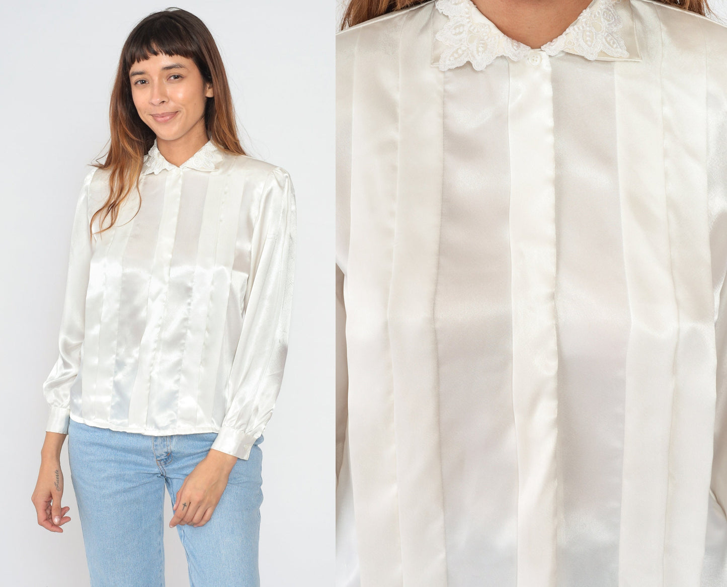 90s White Satin Blouse Puff Sleeve Floral Lace Collar Pleated Shirt Medium
