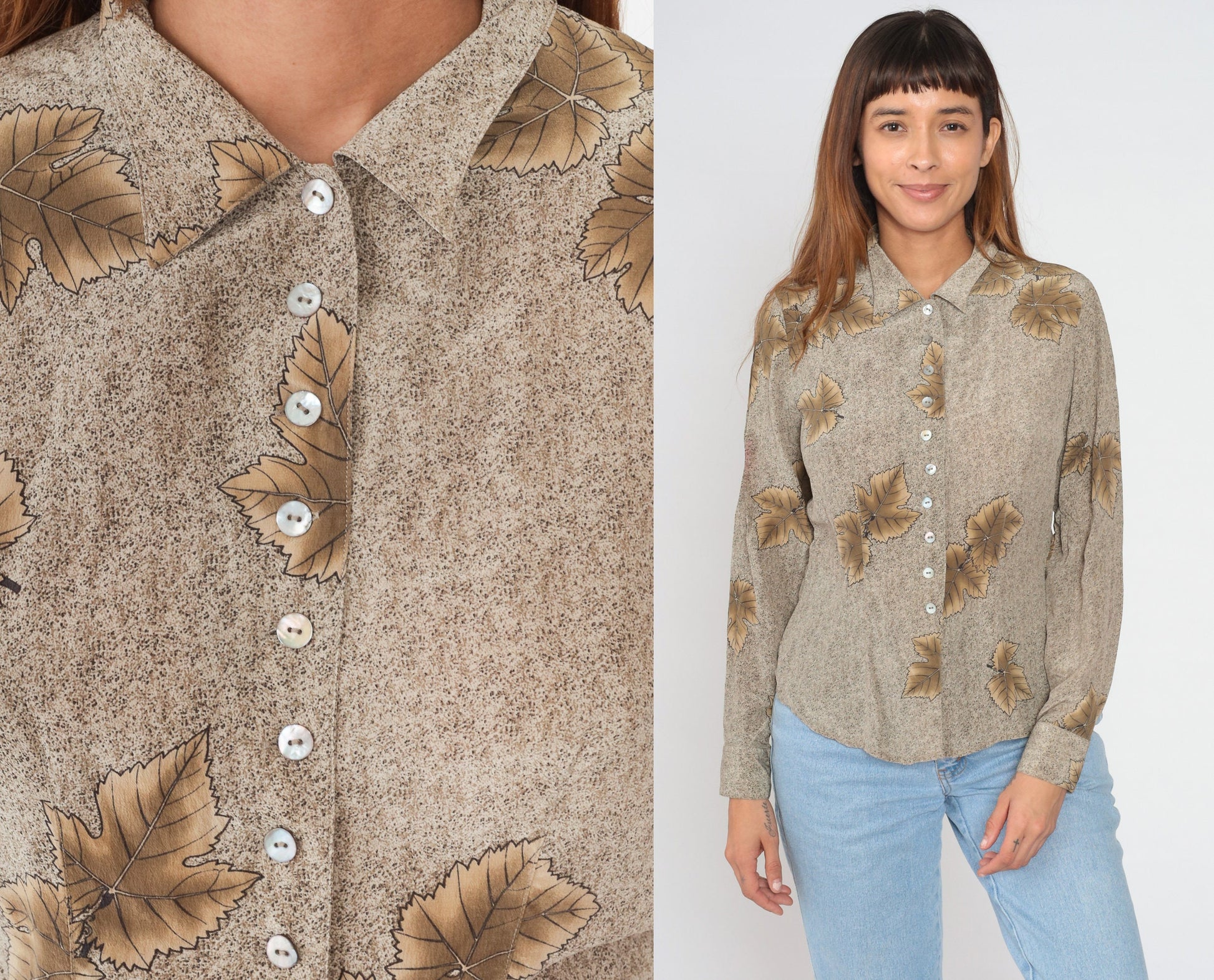 90s Victoria Soie Silk Leaf Print Blouse Brown Button-Up Medium